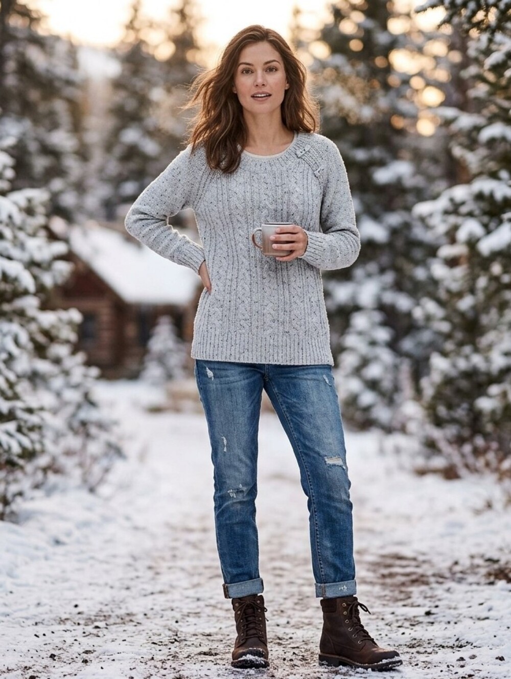 Cable Knit Sweater, Marled Gray NWT